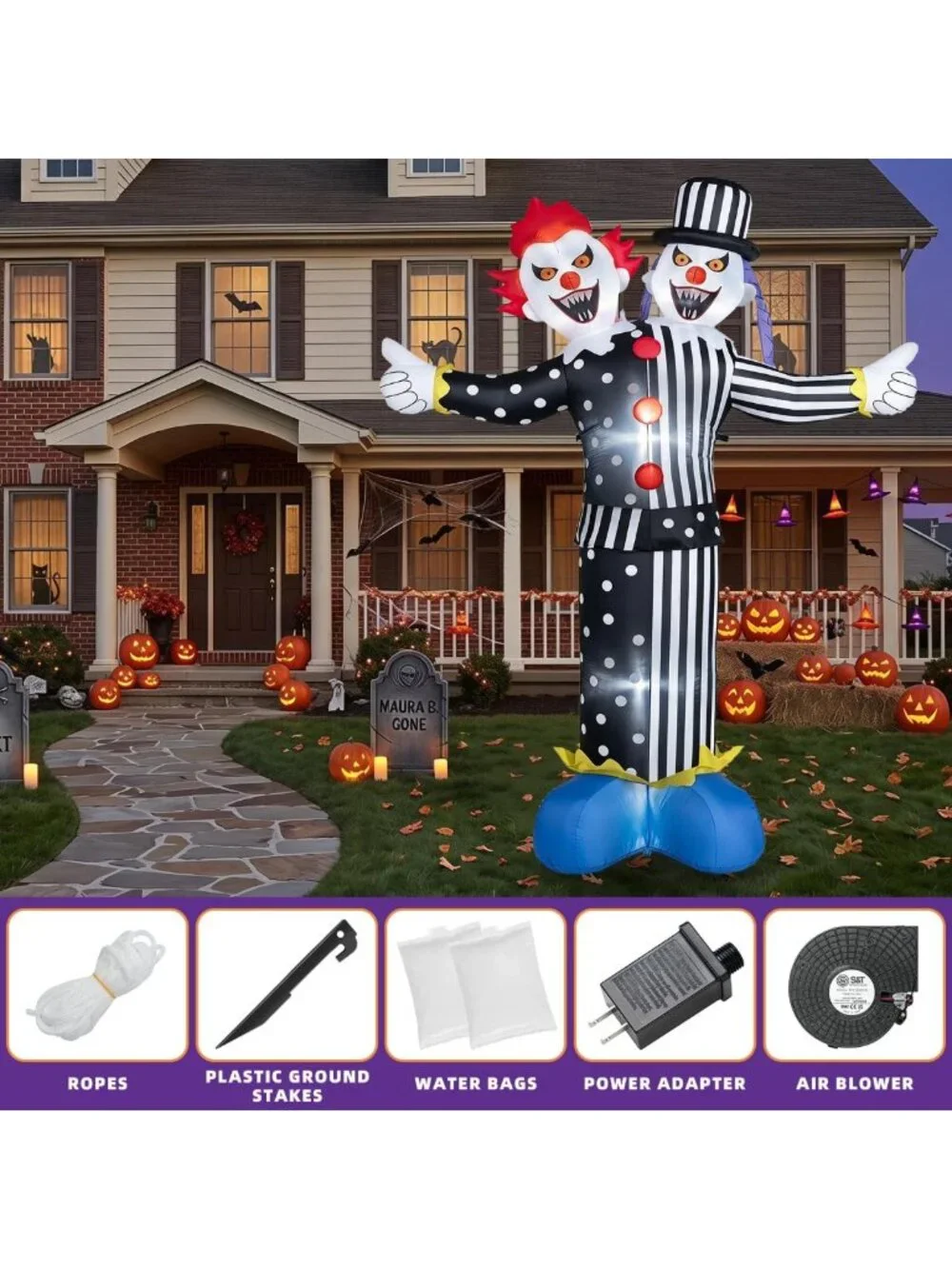 8FT Halloween Inflatable Clown with LED Lights - Outdoor Yard Blow-Up Decor